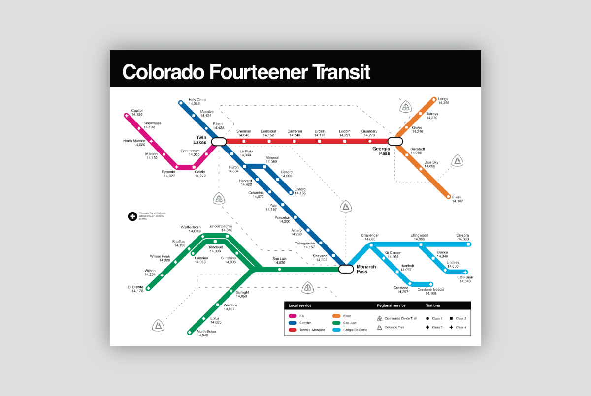 Overview image of the Colorado Fourteener Transit print